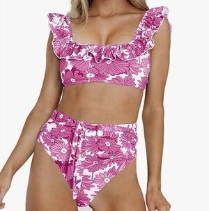 FERBIA Falbala High Waisted Ruffle Accented Bikini in Rose Red Size L